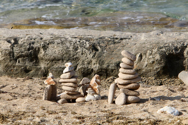 μεγάλες πέτρες και όστρακα στις ακτές της Μεσογείου Θάλασσας στο βόρειο Ισραήλ  - Φωτογραφία, εικόνα