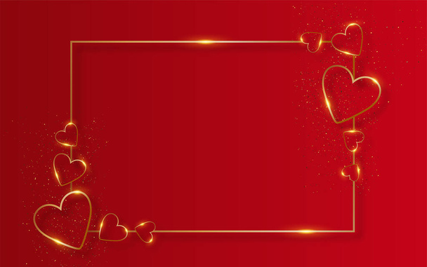 Gold frame with hearts and confetti on red background. - Vector, Image