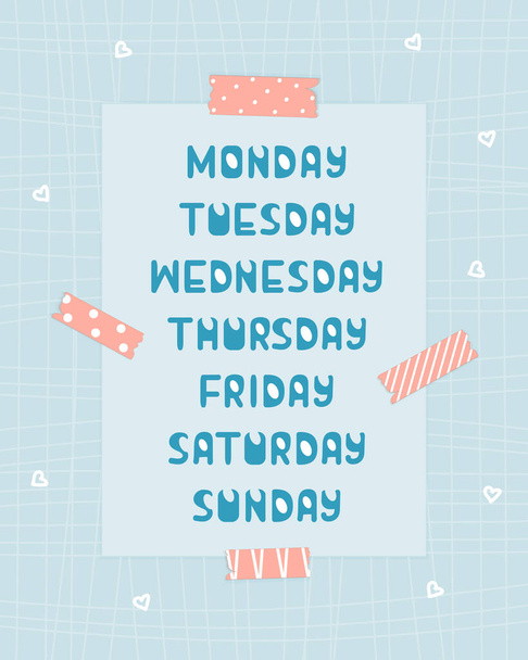 Blu, giorni della settimana bianca dal lunedì alla domenica su sfondo blu con nastro rosa washi e carta fantasia con linee e cuori per calendario o pianificatore - Vettoriali, immagini