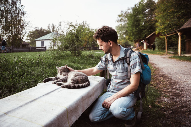 男の観光客は田舎道のベンチで大きな灰色の猫を撫でて - 写真・画像