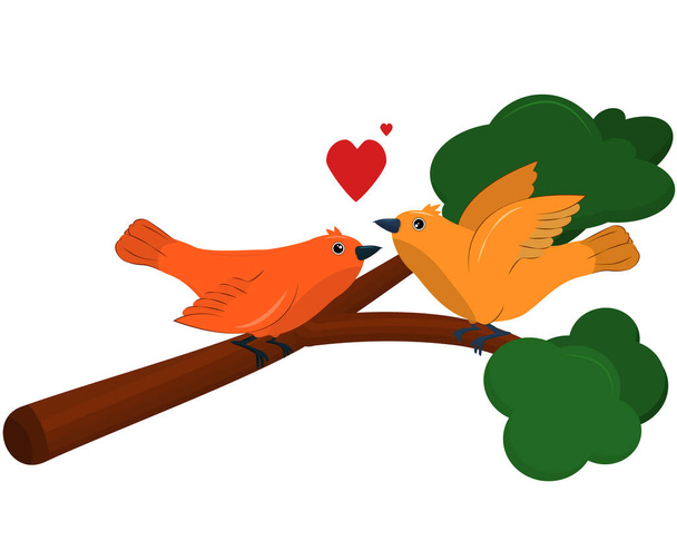  two lovebirds on a tree branch isolated, illustration on the theme of spring and Valentine's Day - Vector, Image