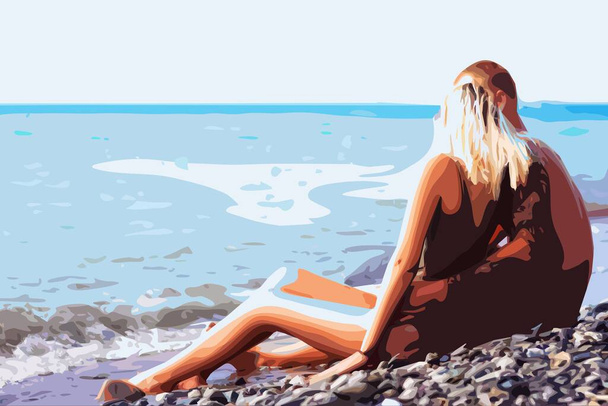 Aşıklar sahilde oturur - Vektör, Görsel