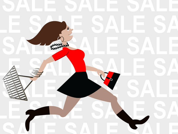 Cute smiling girl running with a grocery basket and a lady's purse on a gray background with the text sale and copy space. Concept shopping - Vektori, kuva