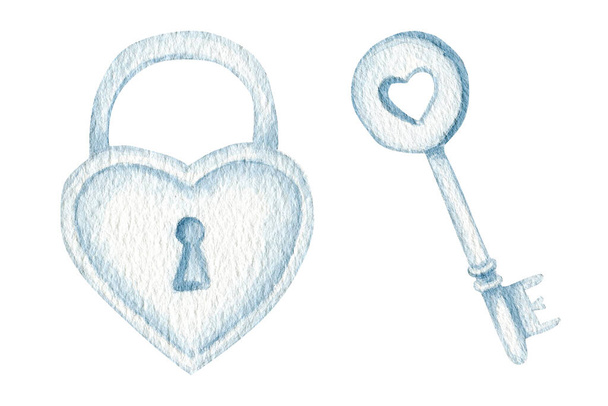 Aquarell Herz Schlüssel und Schloss Vorhängeschloss Romantik Liebe Valentinstag Konzept, isolierte Abbildung auf weißem Hintergrund - Foto, Bild