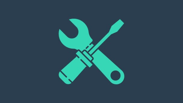 Destornillador de turquesa y llave llave inglesa icono de herramientas aisladas sobre fondo azul. Símbolo herramienta de servicio. Animación gráfica de vídeo 4K - Metraje, vídeo