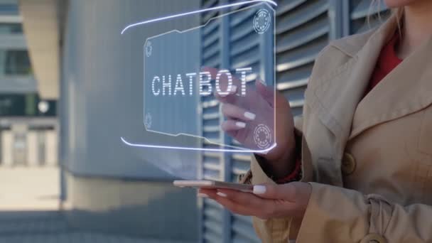 Femme d'affaires interagit HUD Chatbot - Séquence, vidéo