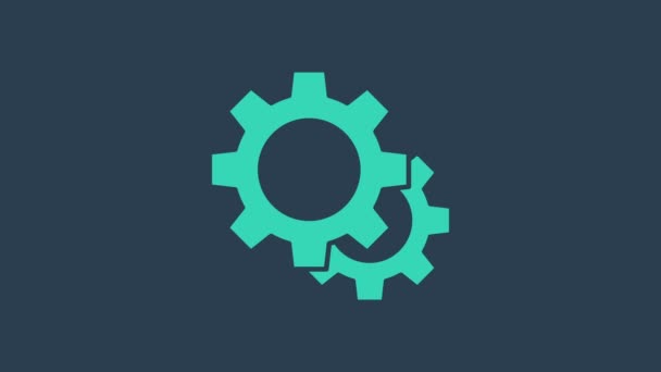 Turquoise Gear icon isolated on blue background. Cogwheel gear settings sign. Cog symbol. 4K Video motion graphic animation - Footage, Video