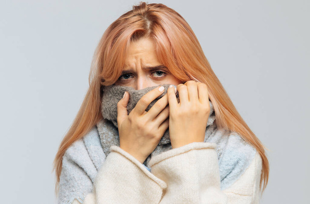Aufgebrachte junge kaukasische Frau mit erdbeerblonden Haaren, die in einen warmen Schal gehüllt ist, fühlt sich schlecht, schaut in die Kamera, aus nächster Nähe. Schnupfen, Erkältung, Übelkeit, Allergien: Grippezeit - Foto, Bild