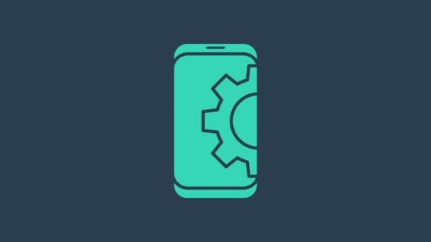 Turkoois Instellen op smartphone pictogram geïsoleerd op blauwe achtergrond. Aanpassen, service, instelling, onderhoud, reparatie, vaststelling. 4K Video motion grafische animatie - Video