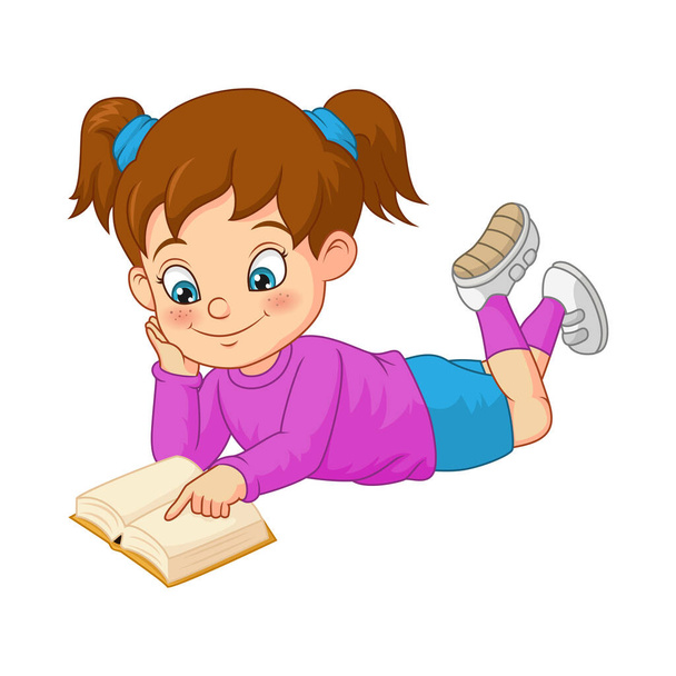 Ilustración vectorial de Dibujos animados alumna divertida leyendo un libro - Vector, Imagen