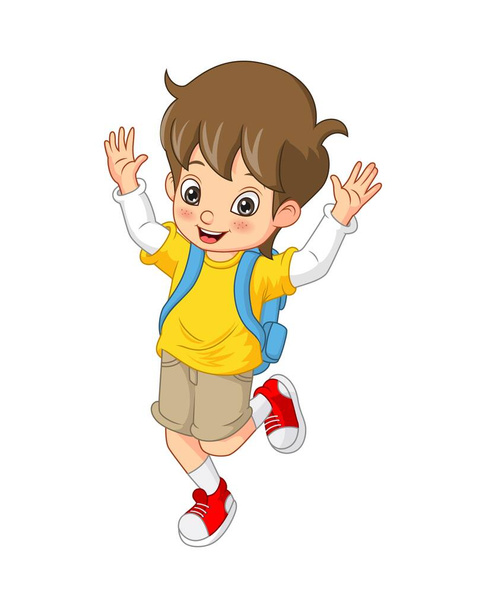 Illustrazione vettoriale del ragazzo felice del fumetto studente con lo zaino - Vettoriali, immagini