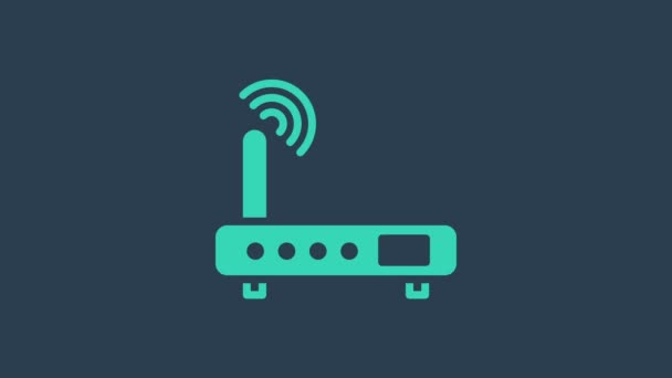Turquoise Router και wi-fi σήμα εικονίδιο απομονώνονται σε μπλε φόντο. Ασύρματος δρομολογητής ethernet modem. Διαδίκτυο τεχνολογίας υπολογιστών. 4K Γραφική κίνηση κίνησης βίντεο - Πλάνα, βίντεο