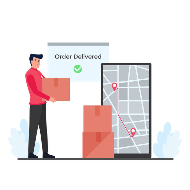 Man houdt dozen naast telefoon met routekaart metafoor van online tracking levering. - Vector, afbeelding
