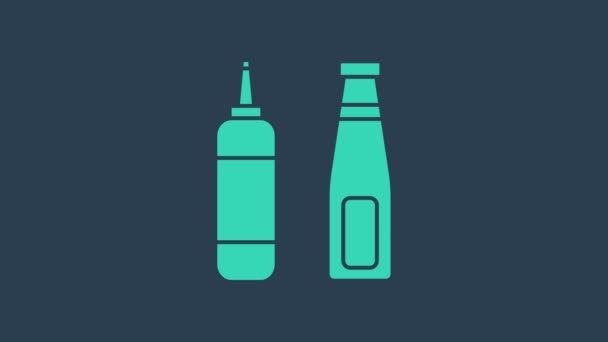 Türkiz szósz palack ikon elszigetelt kék alapon. Ketchup, mustár és majonézes üvegek szósszal a gyorskajához. 4K Videó mozgás grafikus animáció - Felvétel, videó