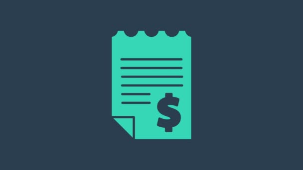 Tyrkysový papír nebo finanční kontrola ikona izolované na modrém pozadí. Papírový šek, stvrzenka z obchodu nebo účet. Grafická animace pohybu videa 4K - Záběry, video