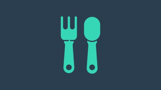 Forchetta turchese e icona cucchiaio isolato su sfondo blu. Utensile da cucina. Segno di posate. Animazione grafica 4K Video motion - Filmati, video