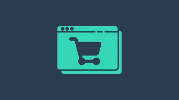 Turquoise Online winkelen op het scherm pictogram geïsoleerd op blauwe achtergrond. Concept e-commerce, e-business, online business marketing. 4K Video motion grafische animatie - Video