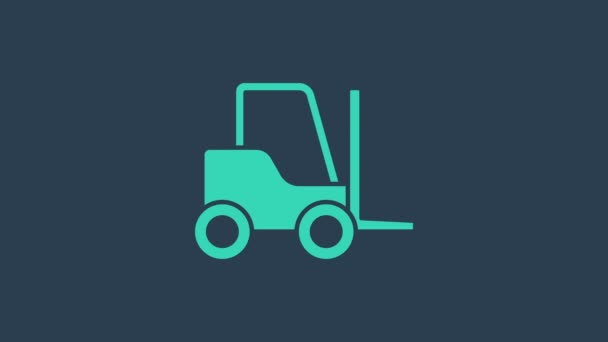 Turquoise Forklift truck icon isolated on blue background. Fork loader and cardboard box. Cargo delivery, shipping, transportation. 4K Video motion graphic animation - Footage, Video