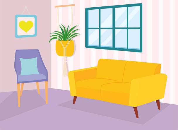 Zuhause gelbe Couch Stuhl Pflanzrahmen und Fenster Vektor Design - Vektor, Bild