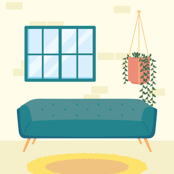 home kék kanapé ablak és növény lóg vektor tervezés - Vektor, kép