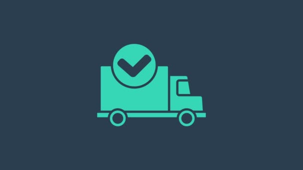 Camion de livraison turquoise avec icône à cocher isolée sur fond bleu. Animation graphique de mouvement vidéo 4K - Séquence, vidéo