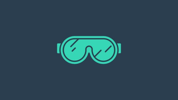Turkusowe okulary narciarskie ikona izolowane na niebieskim tle. Ekstremalny sport. Urządzenia sportowe. 4K Animacja graficzna ruchu wideo - Materiał filmowy, wideo