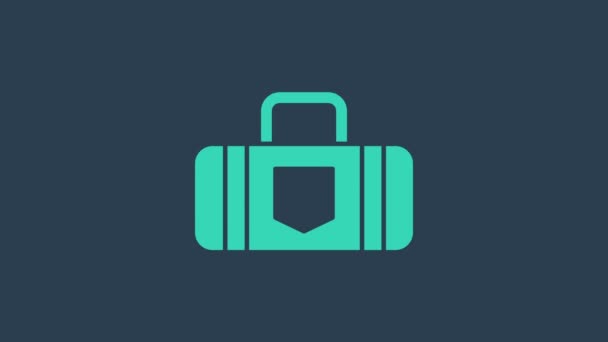 Valigia turchese per icona di viaggio isolata su sfondo blu. Segnale del bagaglio in viaggio. Icona bagaglio da viaggio. Animazione grafica 4K Video motion - Filmati, video