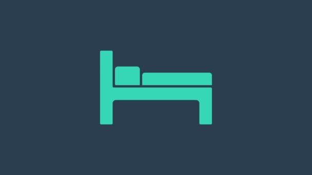 Icono de cama turquesa aislado sobre fondo azul. Animación gráfica de vídeo 4K - Metraje, vídeo