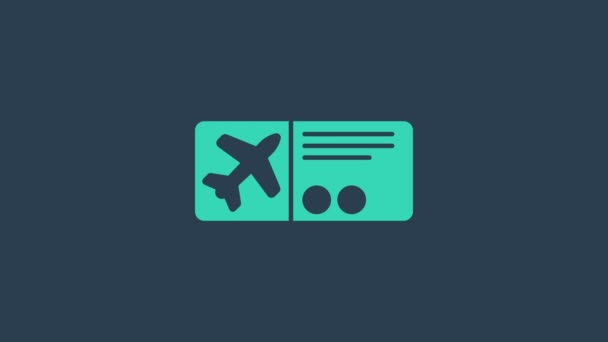 Icône de billet d'avion turquoise isolée sur fond bleu. Un billet d'avion. Animation graphique de mouvement vidéo 4K - Séquence, vidéo