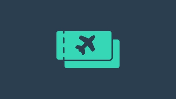 Turquoise ticket icoon geïsoleerd op blauwe achtergrond. Vliegticket. 4K Video motion grafische animatie - Video