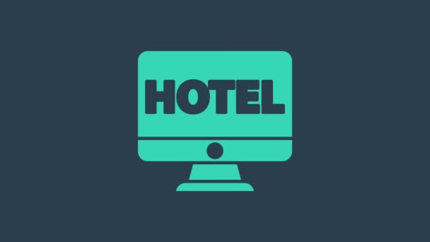Turchese Online hotel booking icon isolato su sfondo blu. Concetto di progettazione di prenotazione online per monitor di computer. Animazione grafica 4K Video motion - Filmati, video