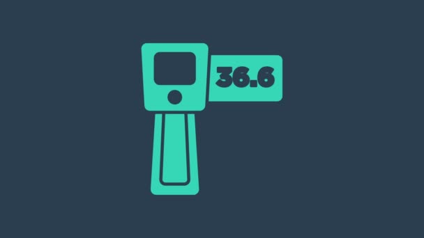 Turquoise Cyfrowy termometr bezdotykowy z ikoną światła podczerwonego na niebieskim tle. 4K Animacja graficzna ruchu wideo - Materiał filmowy, wideo