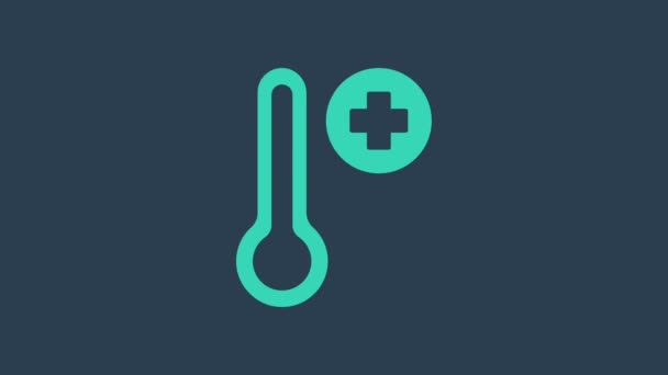 Türkisfarbenes Thermometer-Messsymbol auf blauem Hintergrund. Thermometer, die heißes oder kaltes Wetter anzeigen. 4K Video Motion Grafik Animation - Filmmaterial, Video