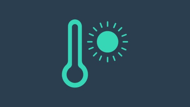 Termómetro de meteorología turquesa que mide el calor y el icono frío aislado sobre fondo azul. Equipo de termómetro que muestra clima caliente o frío. Animación gráfica de vídeo 4K - Imágenes, Vídeo