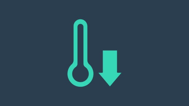 Бирюзовый метеорологический термометр, измеряющий иконку на синем фоне. Термометр показывает жаркую или холодную погоду. Видеографическая анимация 4K - Кадры, видео