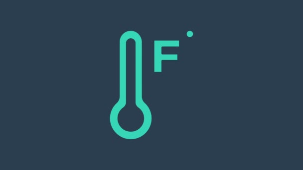 Бирюзовый метеорологический термометр, измеряющий тепло и холодную иконку на синем фоне. Температура по Фаренгейту. Видеографическая анимация 4K - Кадры, видео