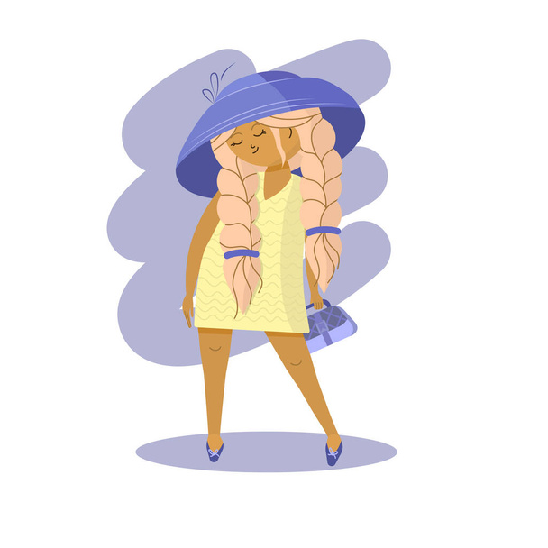 Fashionable girl with braids in a yellow dress and lilac hat with a handbag. Vector illustration - Vector, Image