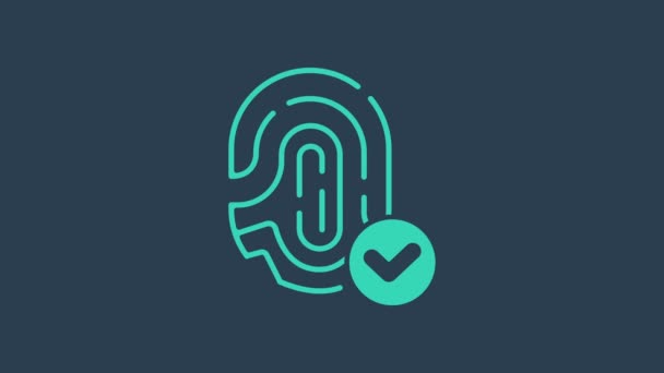 Huella digital turquesa con icono de marca de verificación aislado sobre fondo azul. Icono de aplicación ID. Signo de identificación. Touch id. Animación gráfica de vídeo 4K - Metraje, vídeo