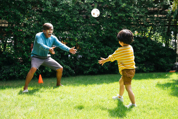 Grandfather and grandson playing football together on grass field outdoors. - Fotó, kép