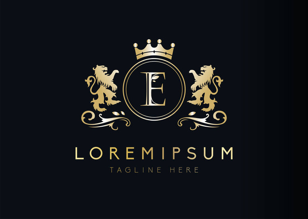 Heraldische leeuw eerste letter E logo ontwerp. Vector illustratie van luxe koninklijke E brief met bloemen, kroon en leeuw embleem ontwerp. Symbool symbool sjabloon - Vector, afbeelding