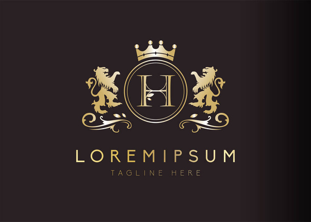 Heraldische leeuw initiaal letter H logo ontwerp. Vector illustratie van luxe koninklijke H letter met bloemen, kroon en leeuw embleem ontwerp. Symbool symbool sjabloon - Vector, afbeelding