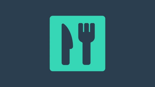 Café Turquesa e ícone de localização restaurante isolado em fundo azul. Fork and spoon eatery sign inside pinpoint. Animação gráfica em movimento de vídeo 4K. - Filmagem, Vídeo