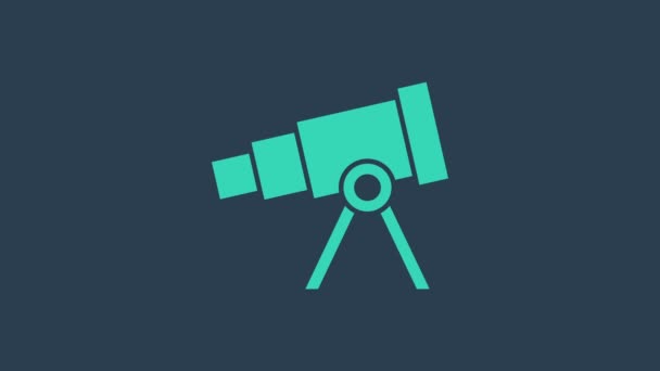 Ікона бірюзового телескопа ізольована на синьому фоні. Науковий інструмент. Освіта і астрономія елементи, скіпетр і вивчення зірок. 4K Відеографічна анімація - Кадри, відео