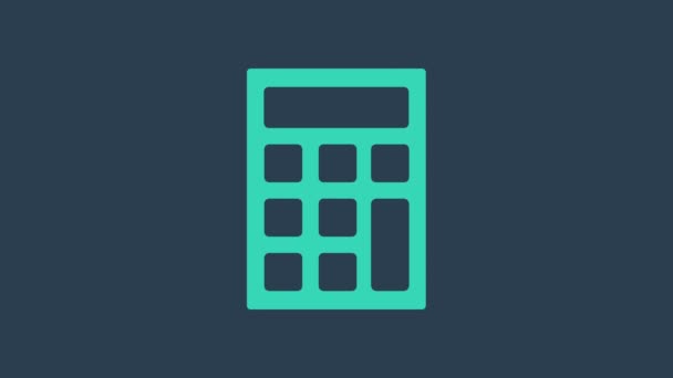 Ікона калькулятора бірюзи ізольована на синьому фоні. Бухгалтерський символ. Бізнес розраховує математичну освіту і фінанси. 4K Відеографічна анімація - Кадри, відео