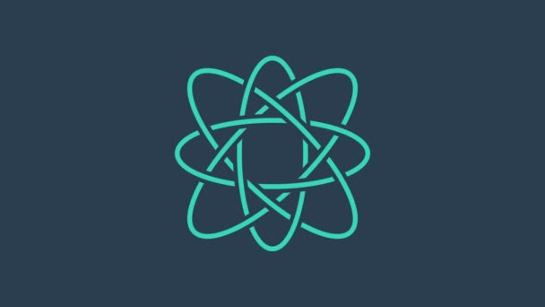Turkusowa ikona Atoma na niebieskim tle. Symbol nauki, edukacji, fizyki jądrowej, badań naukowych. 4K Animacja graficzna ruchu wideo - Materiał filmowy, wideo