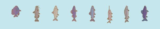 様々なモデルの新鮮な魚の漫画のアイコンデザインテンプレートのセット。青の背景に隔離された現代のベクターイラスト - ベクター画像