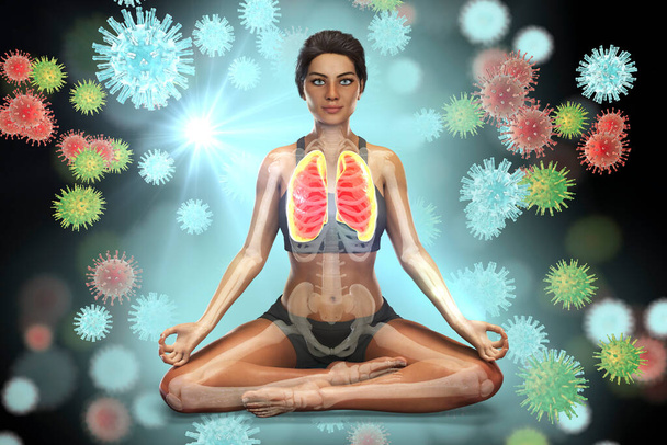 Женщина в позиции йоги лотоса с выделенными легкими, окруженная вирусами, которые не могут причинить ей вреда, 3D иллюстрация. Дыхательные упражнения и медитация для восстановления и профилактики COVID-19 - Фото, изображение