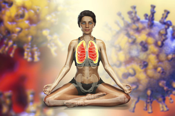 Nő Lotus jóga pozícióban kiemelt tüdővel, körülvéve vírusokkal, amelyek nem árthatnak neki, 3D illusztráció. Légzőgyakorlatok és meditáció a COVID-19 helyreállításáért és megelőzéséért - Fotó, kép