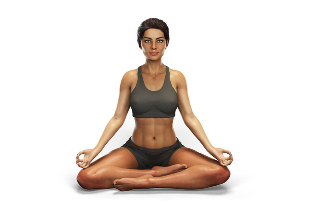 Žena v pozici Lotus jógy, nebo Padmasana, 3D ilustrace. Obnova a prevence COVID-19. Respirační cvičení posilující plíce - Fotografie, Obrázek