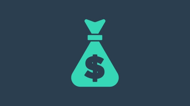 Turchese Soldi borsa icona isolata su sfondo blu. Dollaro o simbolo USD. Bancomat Banking segno di valuta. Animazione grafica 4K Video motion - Filmati, video